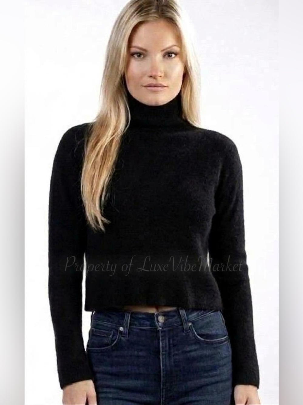 Free People Aubrey Women's Black Brushed Cashmere Turtleneck Cropped Sweater M